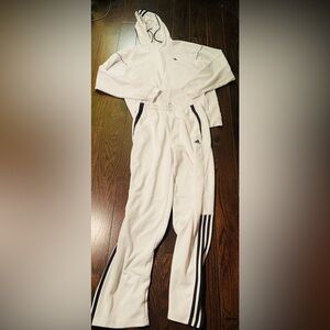 Adidas Vintage White Track Pants & Hoodie Set (Fleece Towel Material)